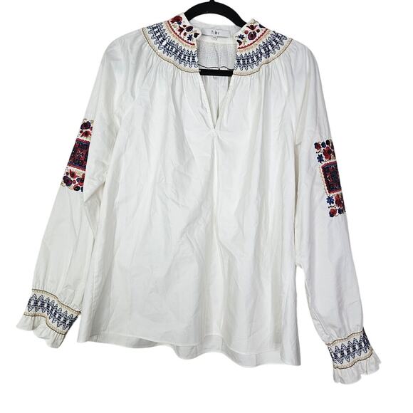 Tibi XS Cora Embroidered Tunic Top White Boho Cotton Coastal Smocked Floral - Picture 2 of 6